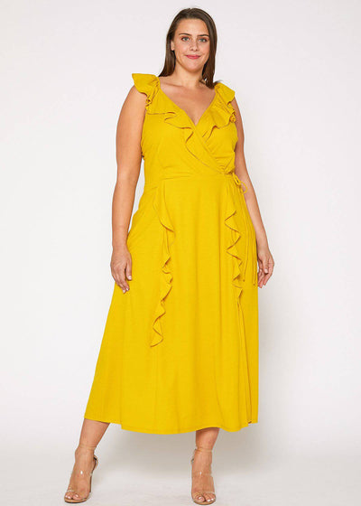 Plus Size Ruffle Trim Wrapped Maxi Dress in Mustard by Shop at Konus