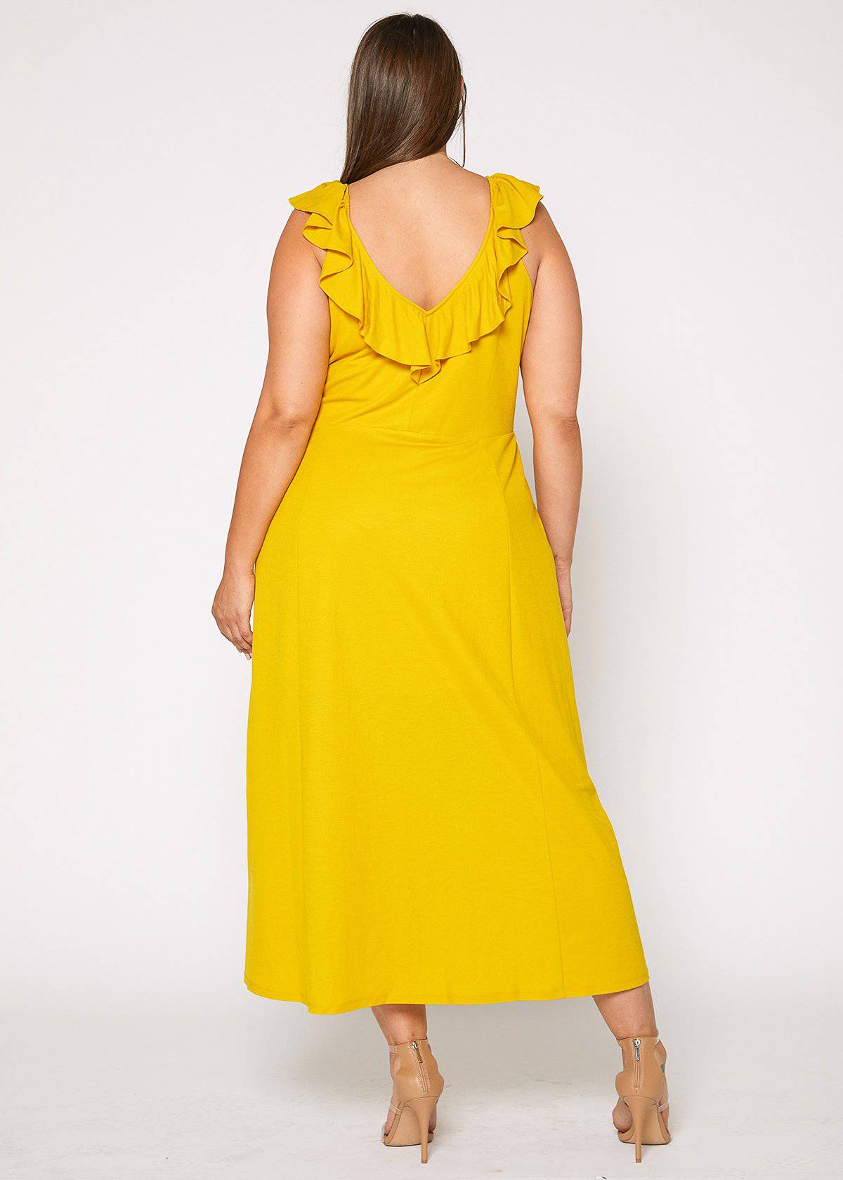 Plus Size Ruffle Trim Wrapped Maxi Dress in Mustard by Shop at Konus