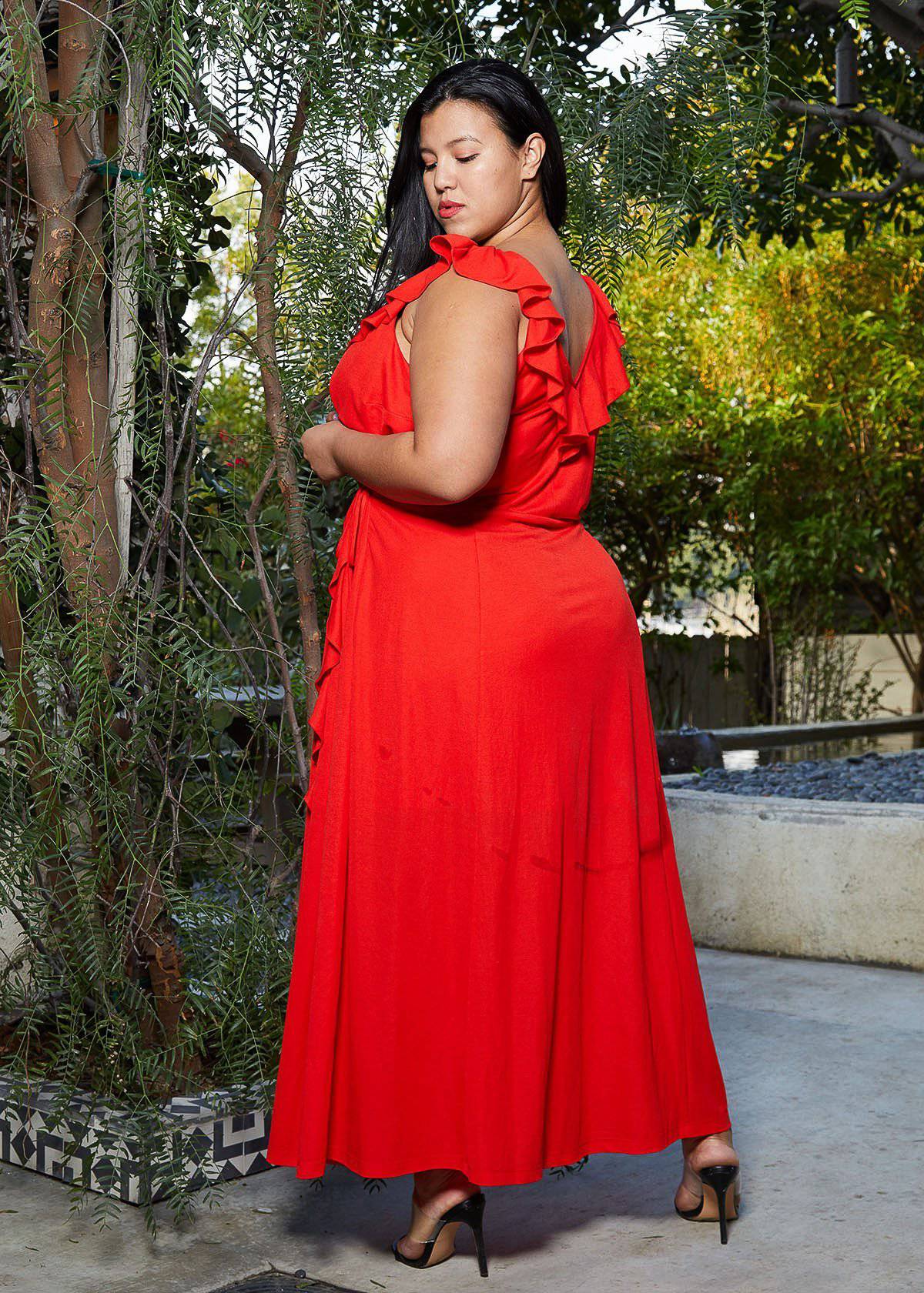 Plus Size Ruffle Trim Wrapped Maxi Dress in Red by Shop at Konus