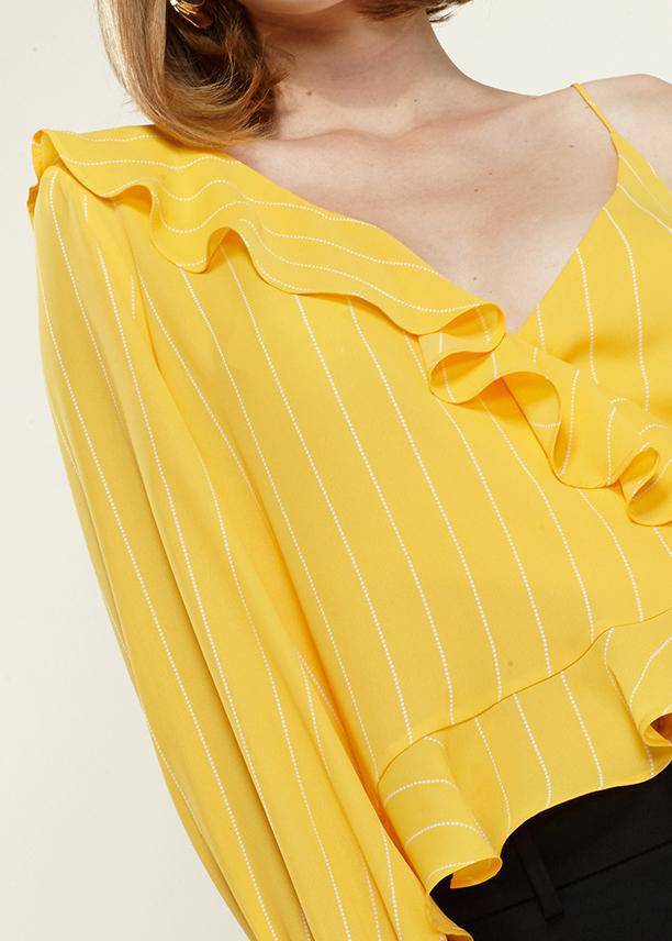 Women's Asymmetrical Shoulder Ruffle Blouse in Yellow by Shop at Konus