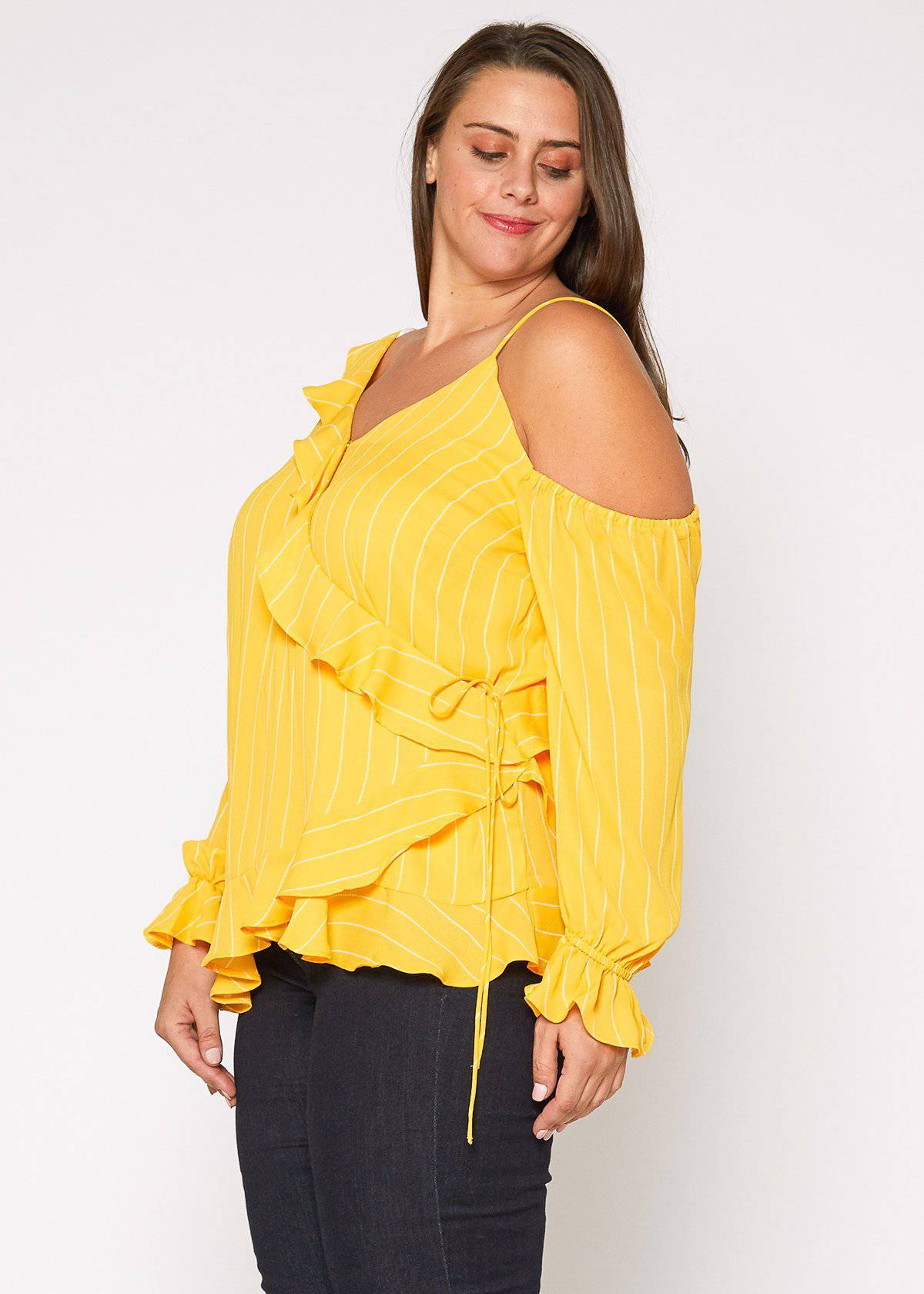 Plus Size Asymmetrical Shoulder Ruffle Blouse in Yellow by Shop at Konus