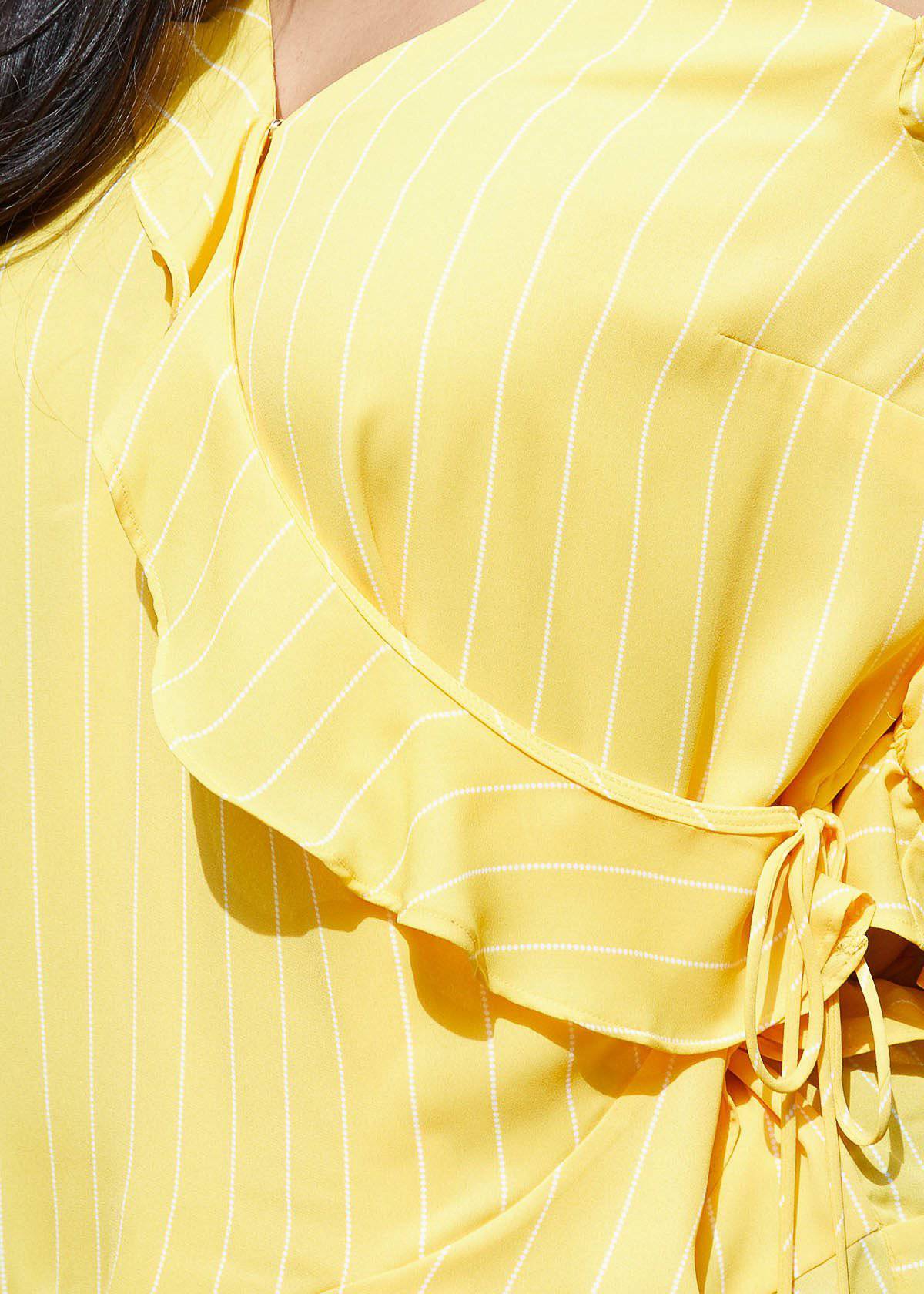 Plus Size Asymmetrical Shoulder Ruffle Blouse in Yellow by Shop at Konus
