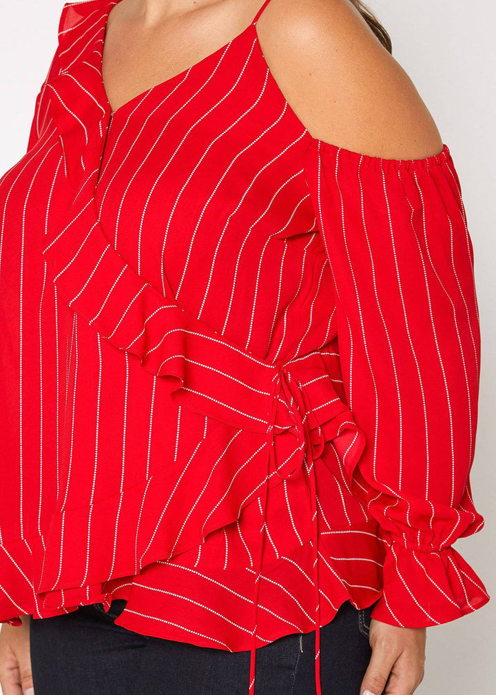 Plus Size Asymmetrical Shoulder Ruffle Blouse in Red by Shop at Konus