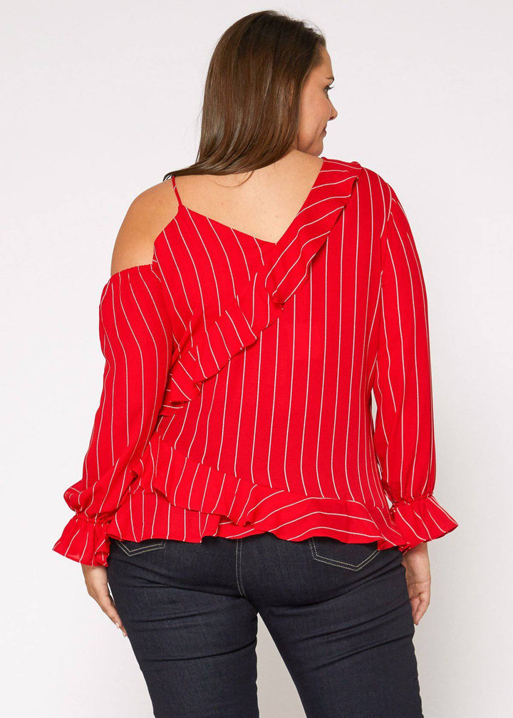 Plus Size Asymmetrical Shoulder Ruffle Blouse in Red by Shop at Konus