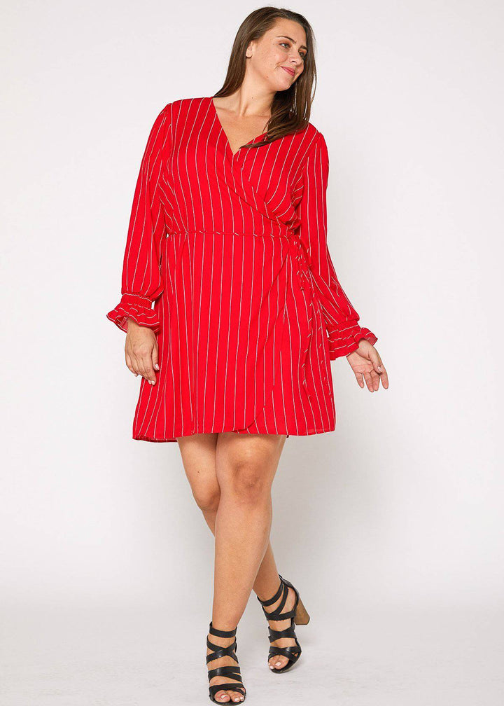 Plus Size Smocked Bell Sleeve Wrap Dress in Red by Shop at Konus