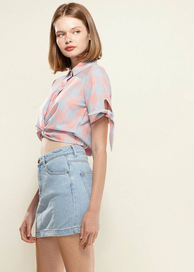 Women's Plaid Twist Hem Crop Top in Bubblegum by Shop at Konus