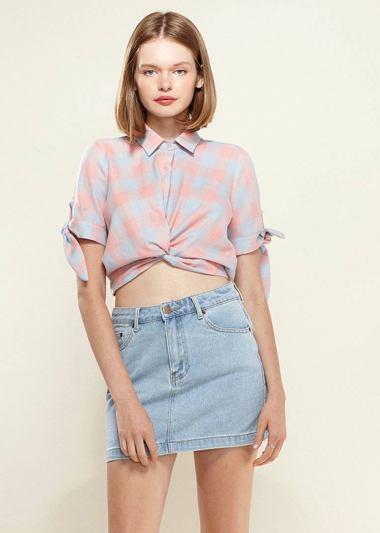 Women's Plaid Twist Hem Crop Top in Bubblegum by Shop at Konus