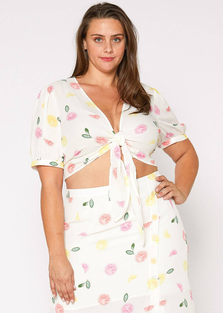 Plus Size Fruit Punch Tie Hem Open Front Blouse in Fruit Punch by Shop at Konus