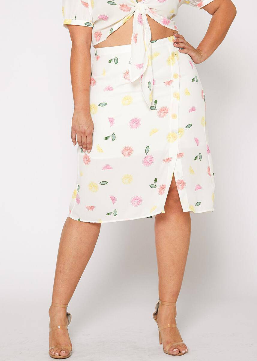 Plus Size Fruit Punch Button Front Midi Skirt in Fruit Punch by Shop at Konus