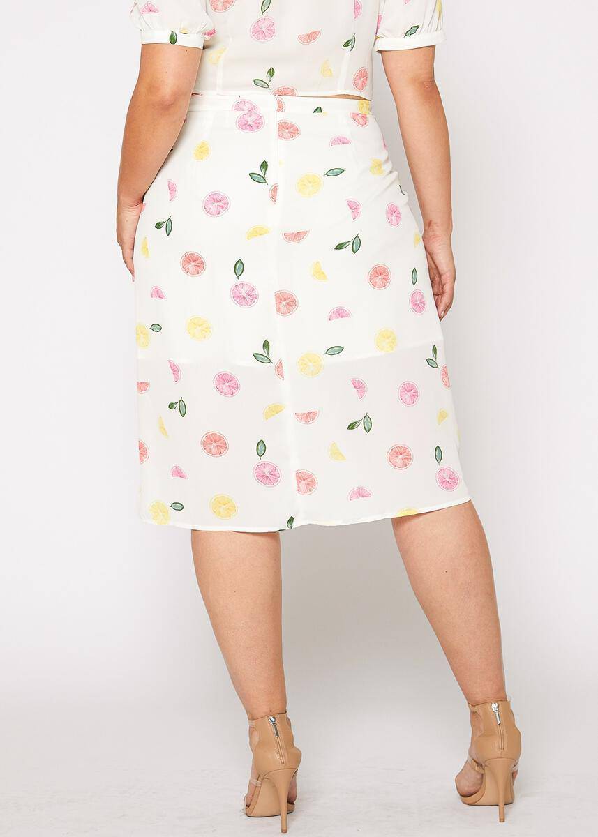 Plus Size Fruit Punch Button Front Midi Skirt in Fruit Punch by Shop at Konus