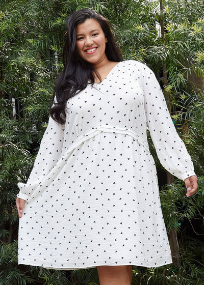 Plus Size Triangle Print Long Sleeve Dress in White Triangle by Shop at Konus