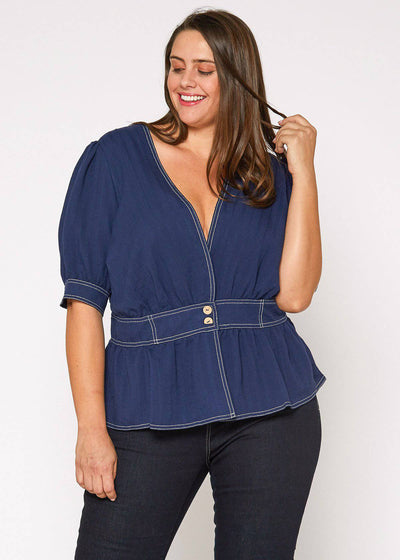 Plus Size Puff Shoulder Button Front Peplum Top in Navy by Shop at Konus