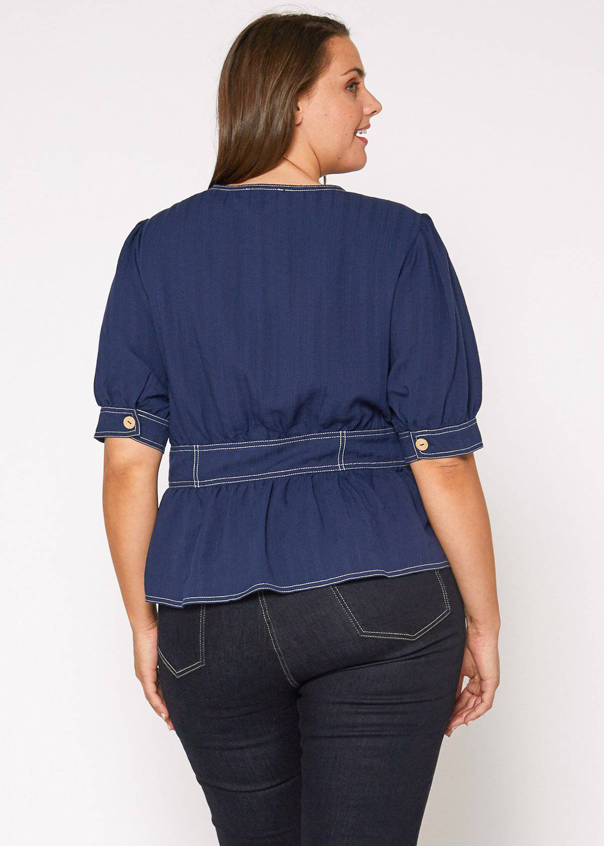 Plus Size Puff Shoulder Button Front Peplum Top in Navy by Shop at Konus