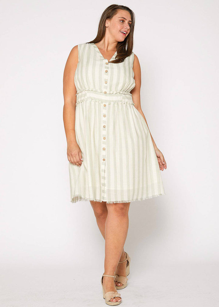 Plus Size Sleeveless Button Down Stripe Dress in Sage by Shop at Konus