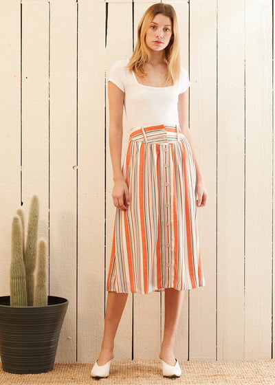 Women's Multi Stripe Button Front Midi Skirt in Rust Multi by Shop at Konus