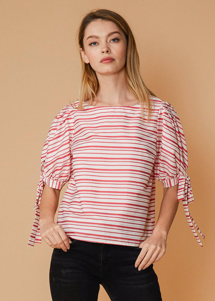 Satin Stripe Tie Sleeve Top in Lipstick Stripe by Shop at Konus