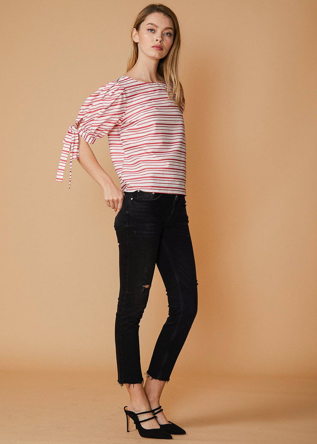 Satin Stripe Tie Sleeve Top in Lipstick Stripe by Shop at Konus