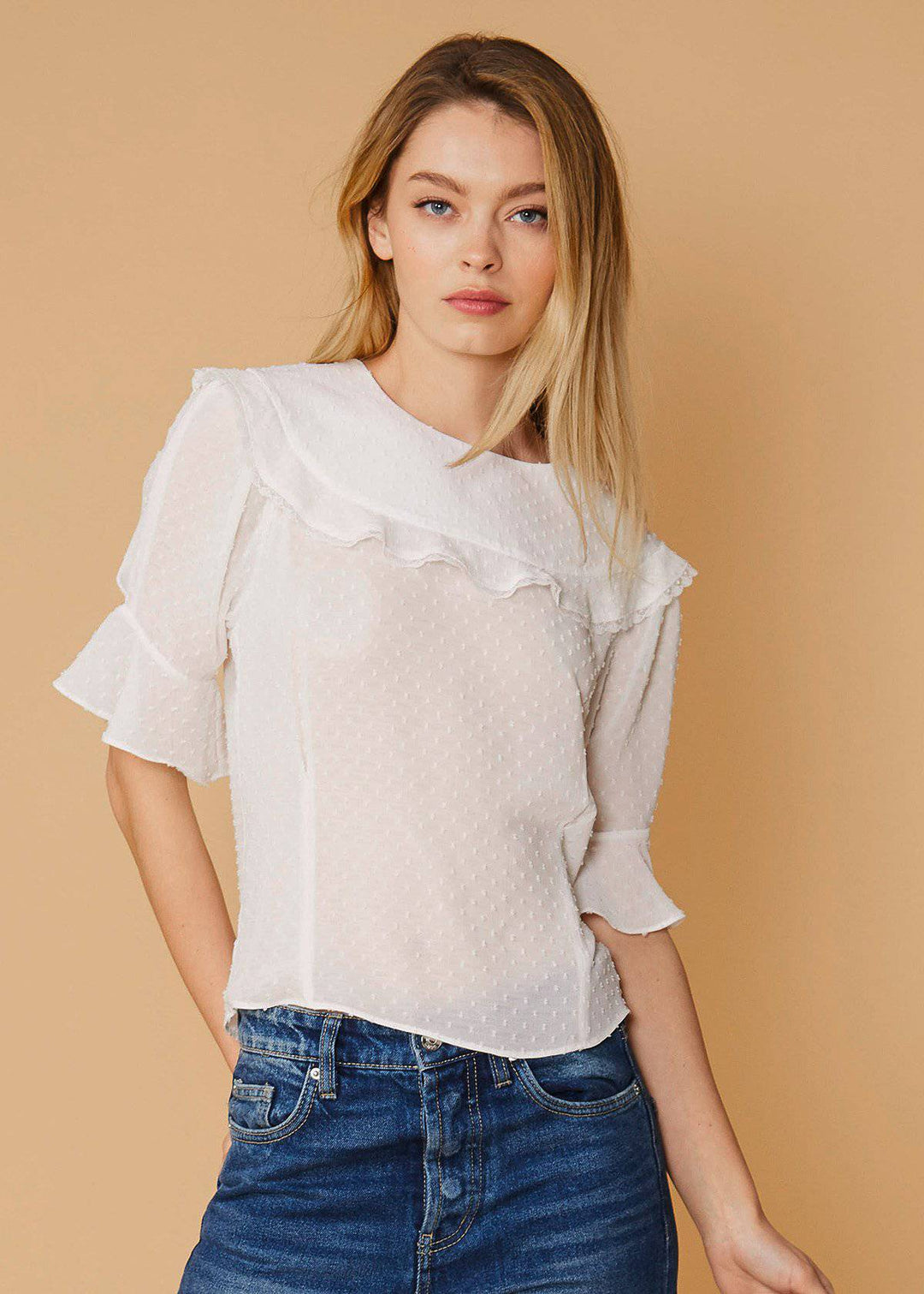 Women's Swiss Dot Ruffle Sleeve Top in White by Shop at Konus