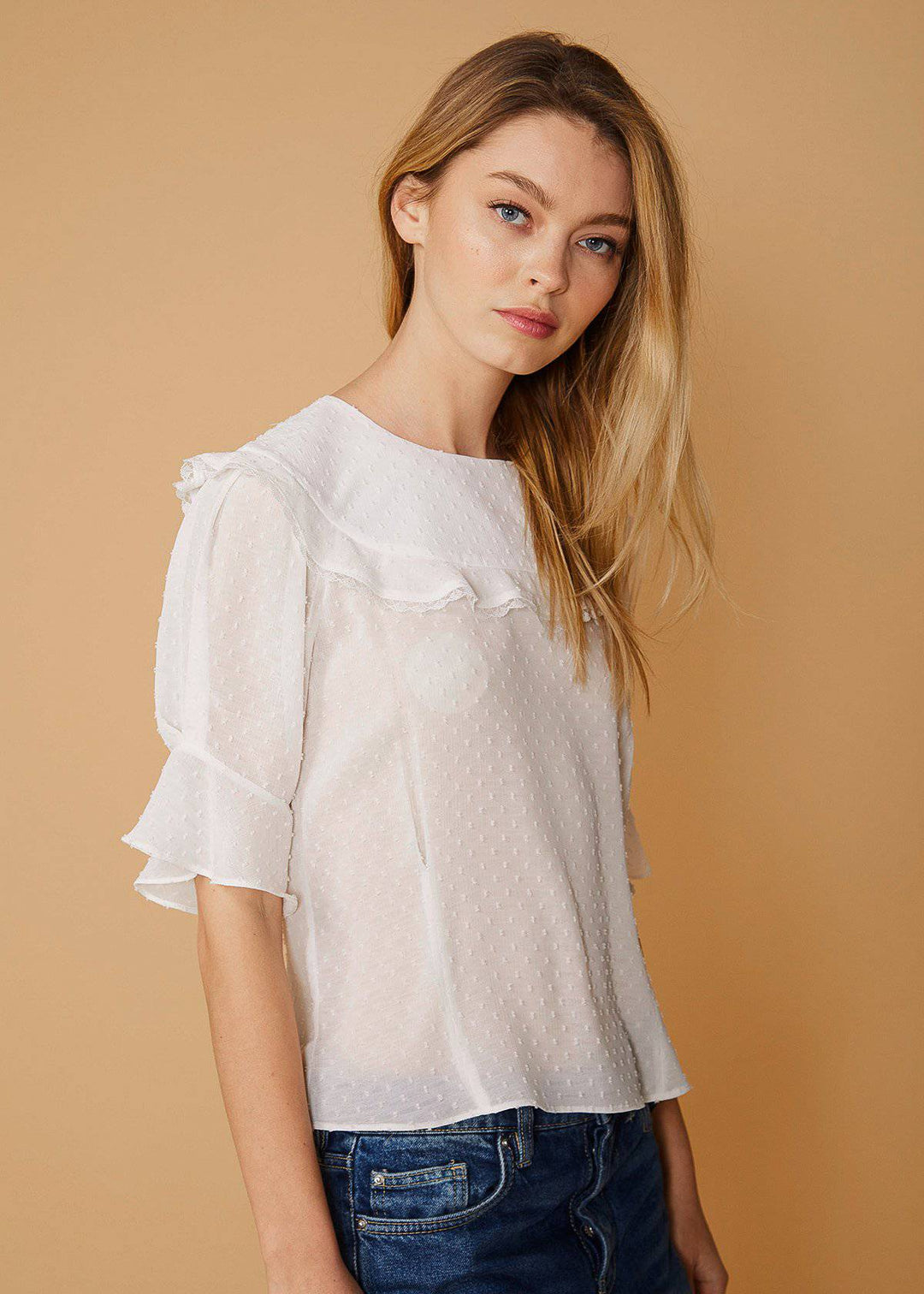 Women's Swiss Dot Ruffle Sleeve Top in White by Shop at Konus