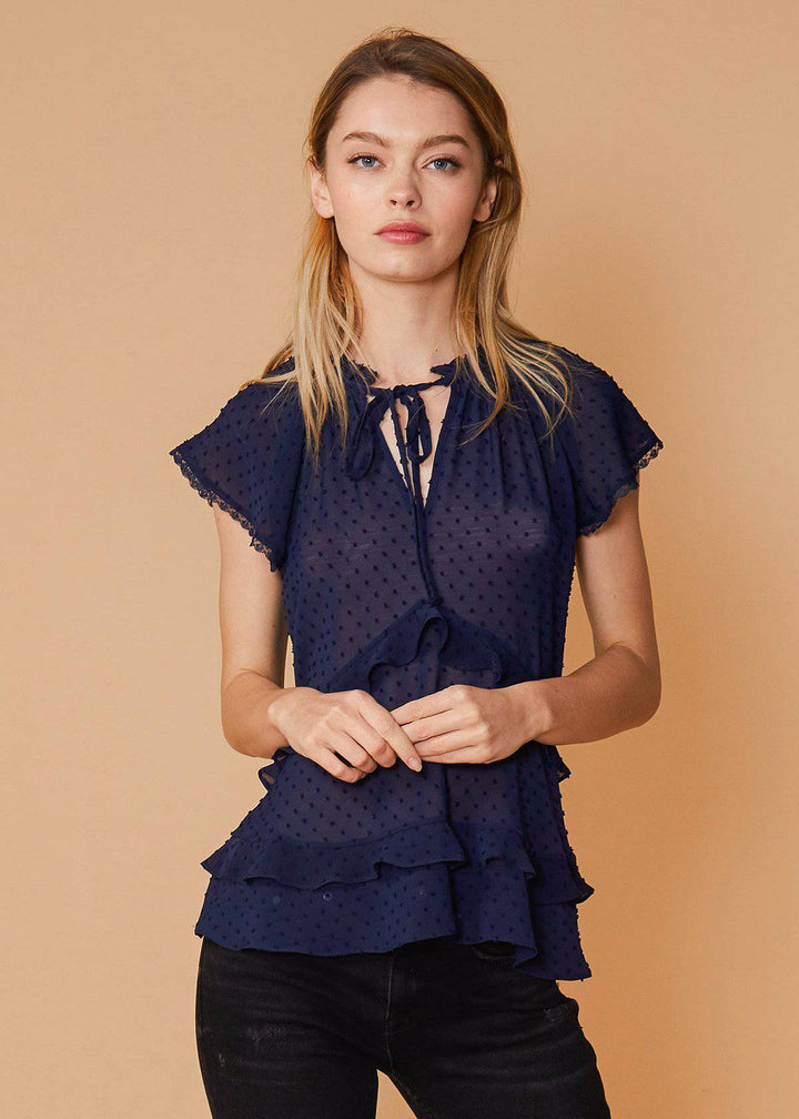 Swiss Dot Layered Ruffle Top in Midnight by Shop at Konus