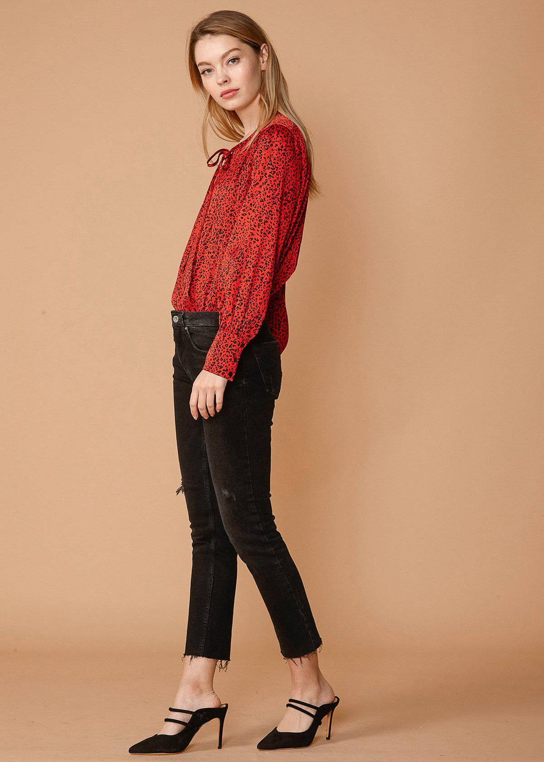 Women's Tie-neck Long Sleeve Bodysuit in Red Leopard by Shop at Konus