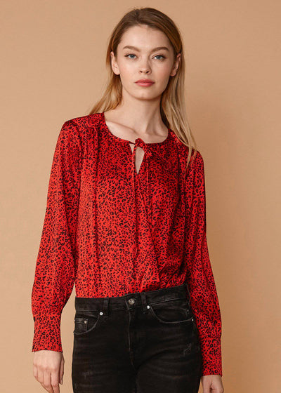 Women's Tie-neck Long Sleeve Bodysuit in Red Leopard by Shop at Konus