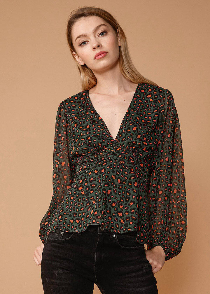 V-neck Puff Sleeve Blouse in Leopard Hunt by Shop at Konus