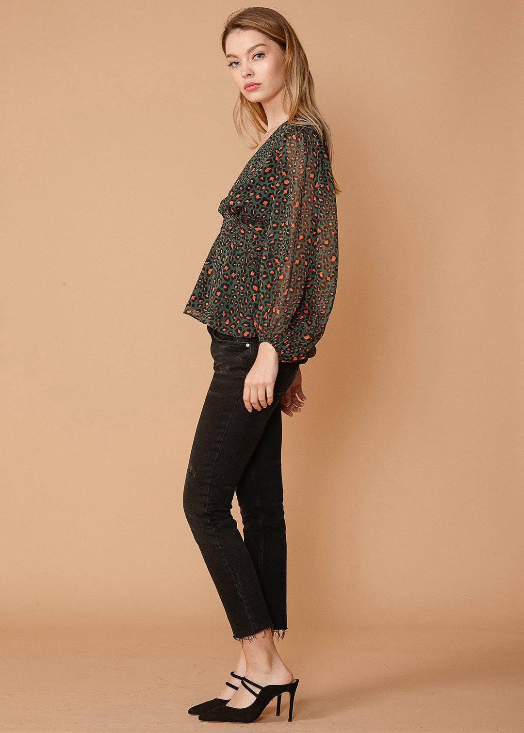 V-neck Puff Sleeve Blouse in Leopard Hunt by Shop at Konus