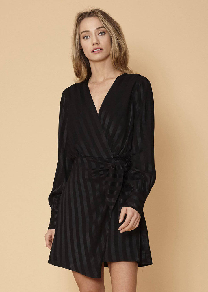 Stripe Satin Long Sleeve Mini Dress in Black by Shop at Konus