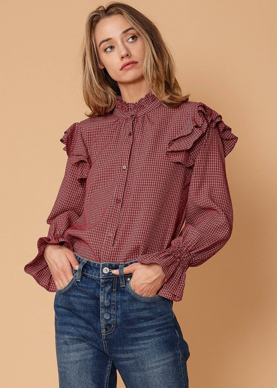 Women's Ruffle Detailed Plaid Shirt in Red by Shop at Konus