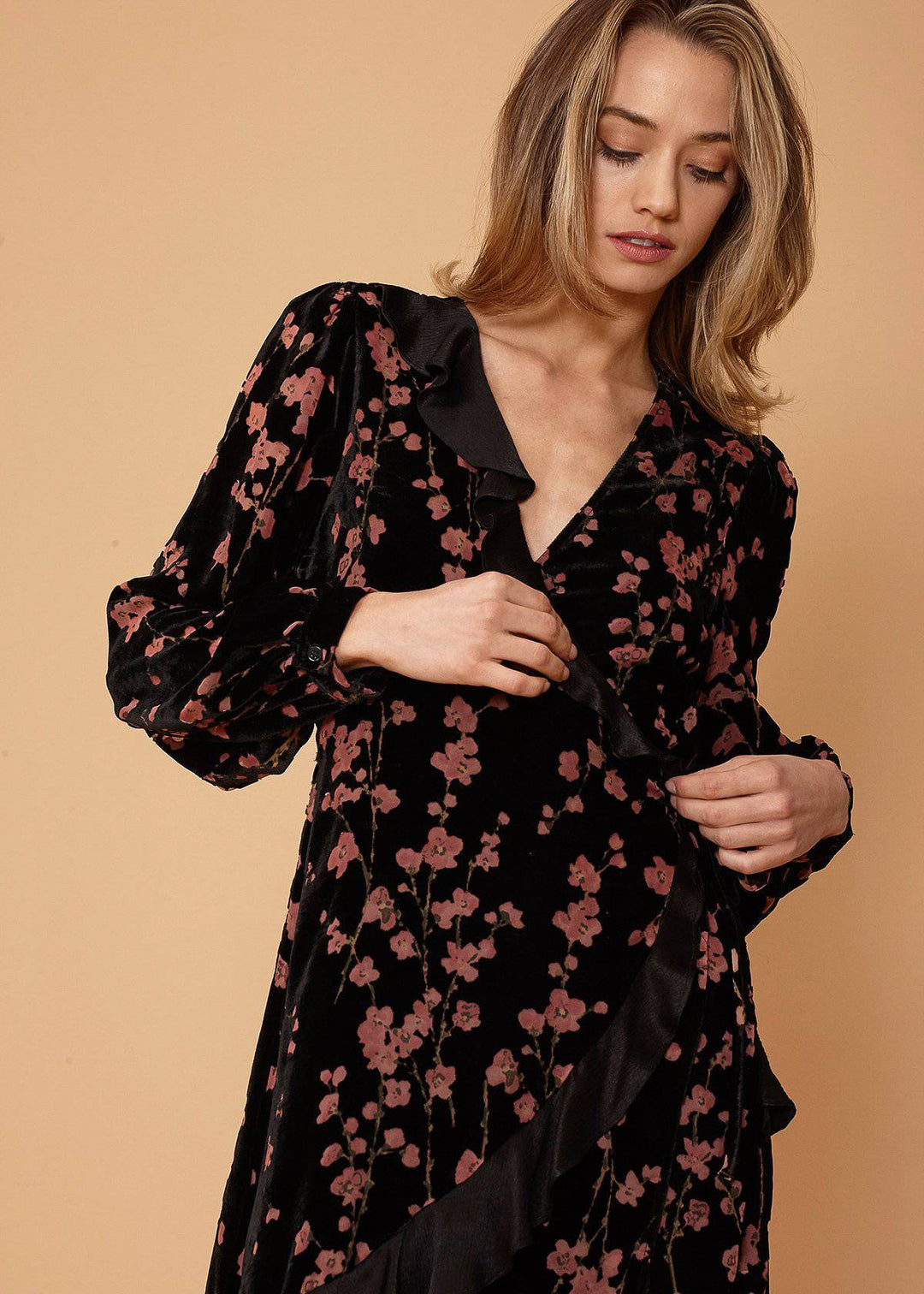 Velvet Asymmetric Wrap Dress in Falling Floral by Shop at Konus