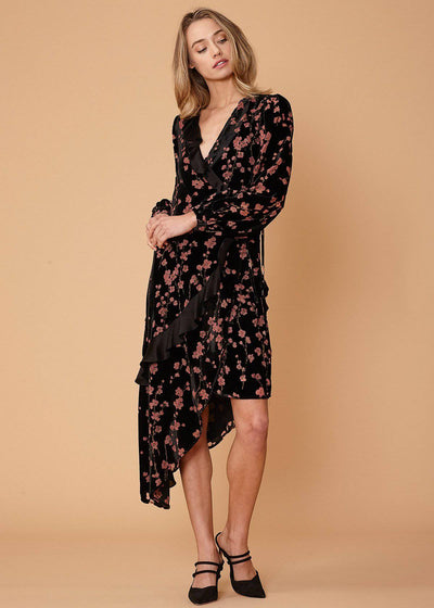 Velvet Asymmetric Wrap Dress in Falling Floral by Shop at Konus