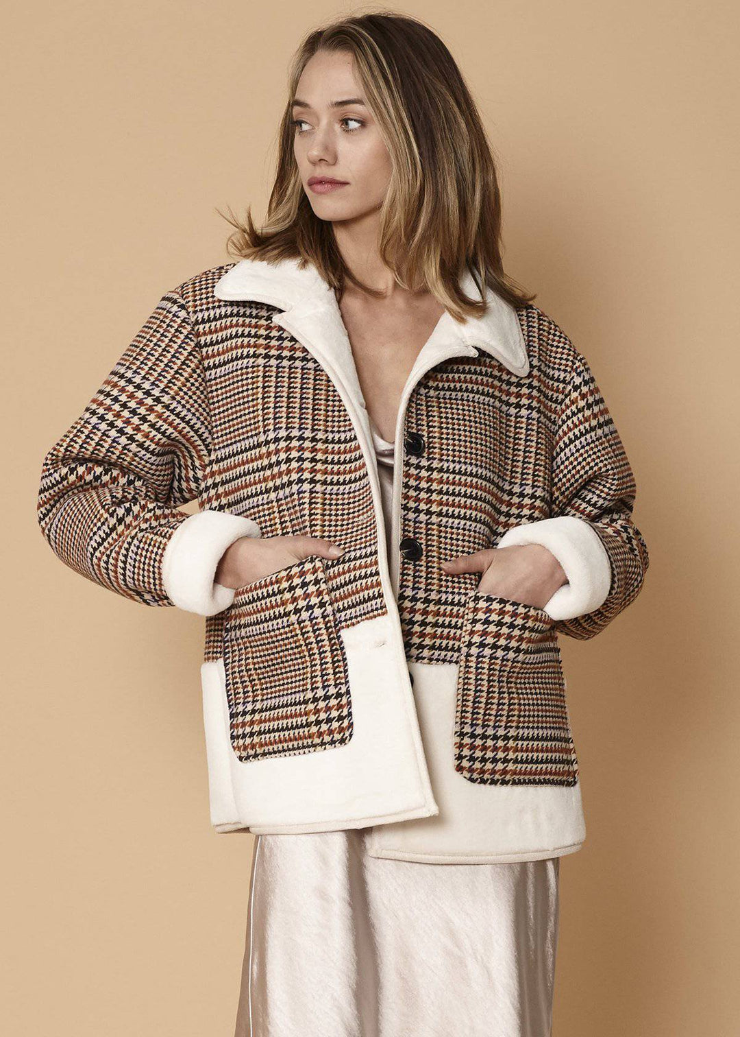 Women's Plaid Fur Jacket in Rust Houndstooth by Shop at Konus