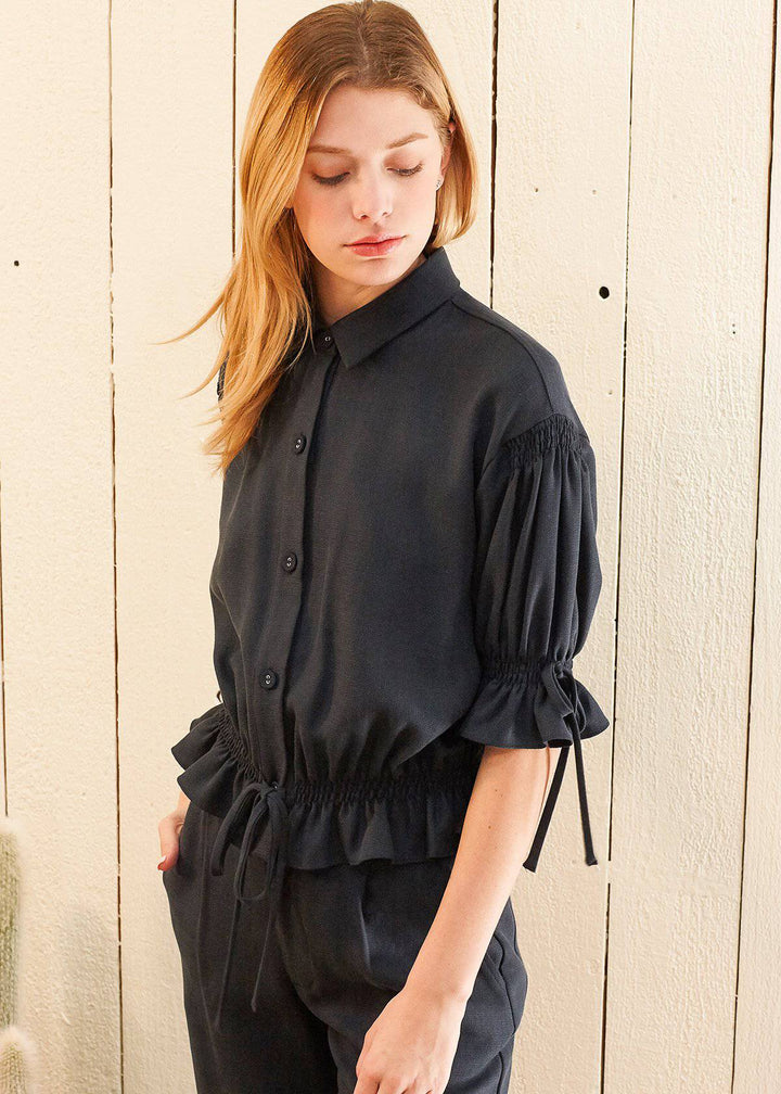 Women's Button Front Tie Hem Blouse in Navy by Shop at Konus