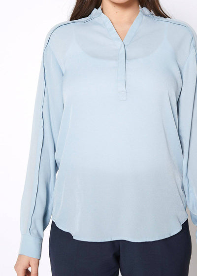 Women's Mandarin Collar Shirt Blouse In Cashmere Blue by Shop at Konus