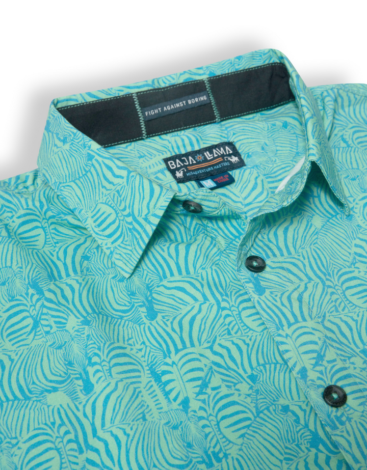 TOO MANY LINES - TURQUOISE ZEBRA  7-SEAS™ BUTTON UP by Bajallama