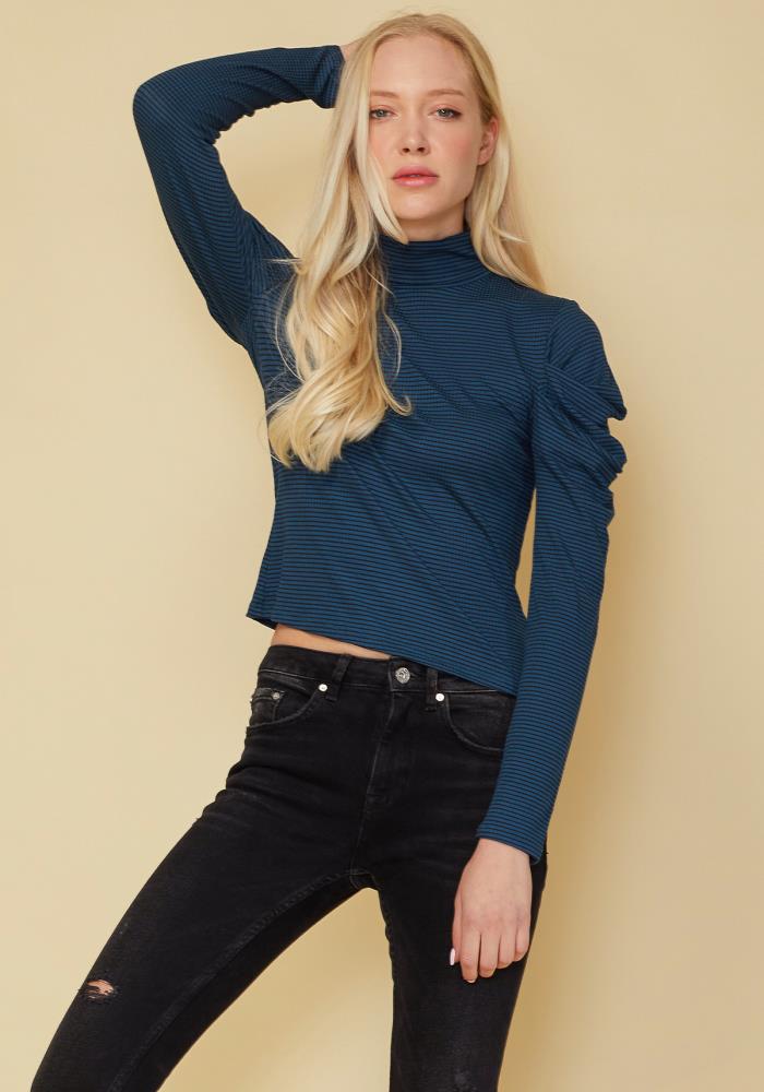 Turtle Neck Puff Sleeve Stripe Knit Top by Shop at Konus