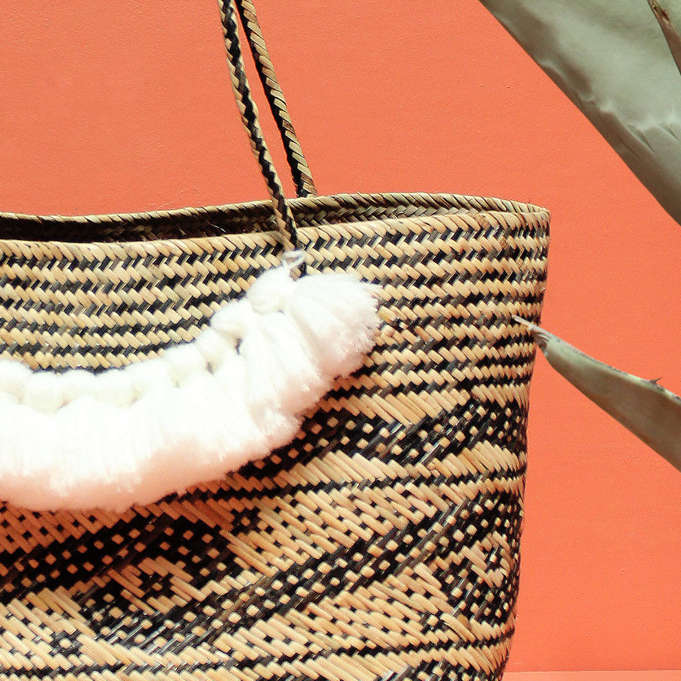 Borneo Medio Straw Tote Bag - Hand Bag with White Roman Tassels by BrunnaCo
