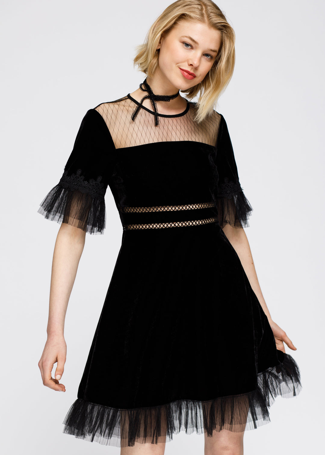 Mesh Contrast Velvet Dress In Black by Shop at Konus