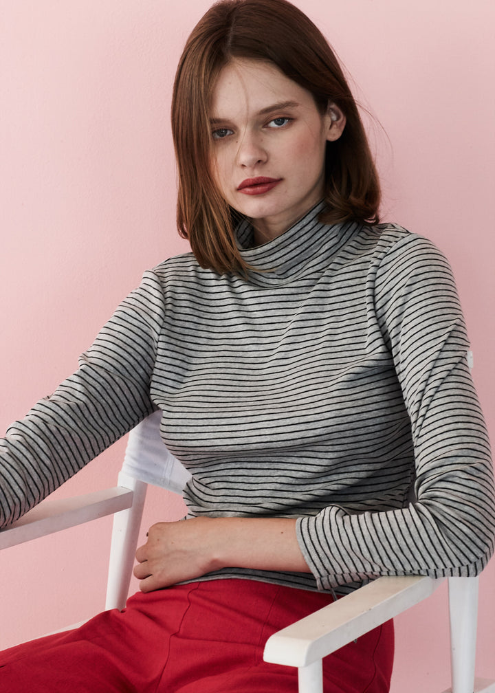 Women's Long Sleeve Mock Neck Tie Cuff Stripe Tee by Shop at Konus