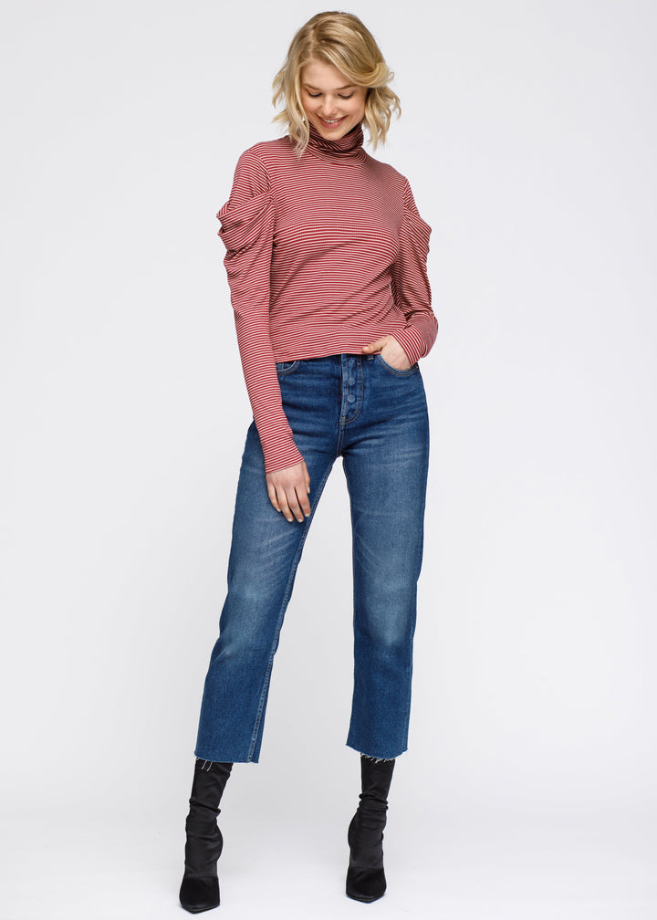 Turtle Neck Puff Sleeve Stripe Knit Top by Shop at Konus