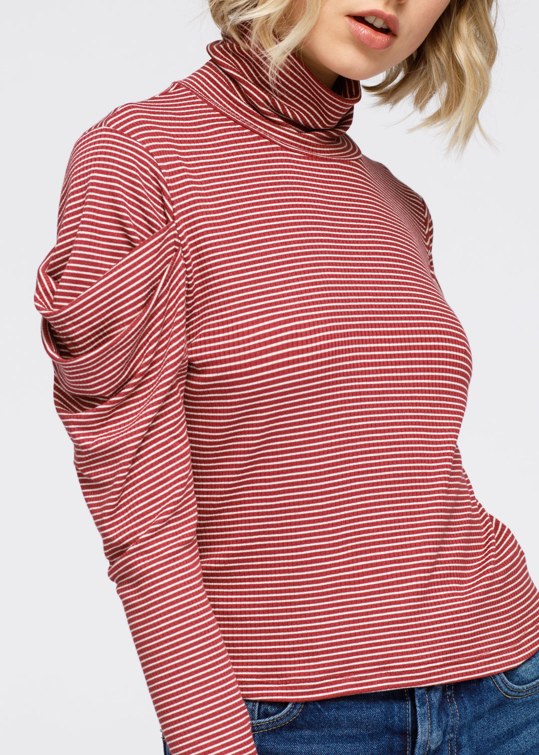 Turtle Neck Puff Sleeve Stripe Knit Top by Shop at Konus