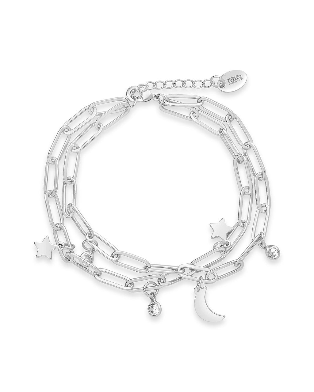 CZ, Moon, & Star Double Chain Bracelet by Sterling Forever
