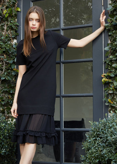 Sheer Contrast Ruffle Hem Midi Dress In Black by Shop at Konus