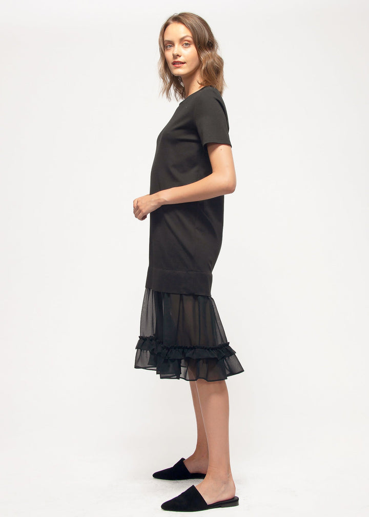 Sheer Contrast Ruffle Hem Midi Dress In Black by Shop at Konus