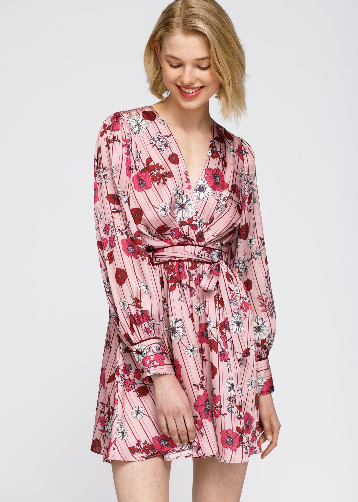 Pajama floral Satin Wrap Front Flared Dress by Shop at Konus