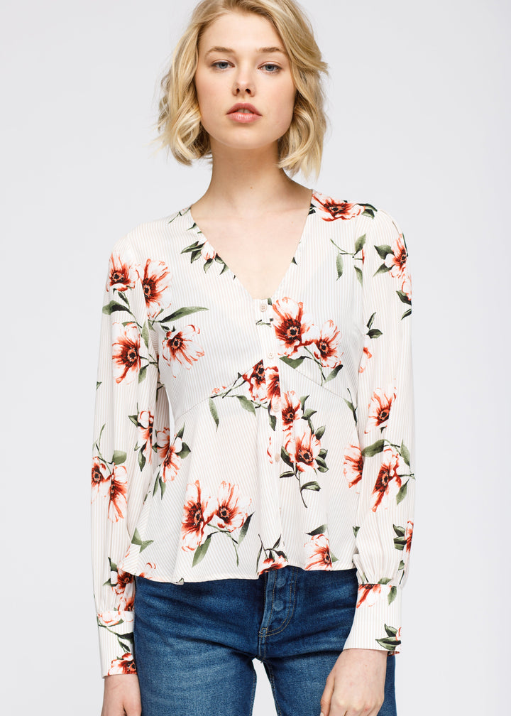 Rust flower Empire waist peplum Blouse In Taupe by Shop at Konus