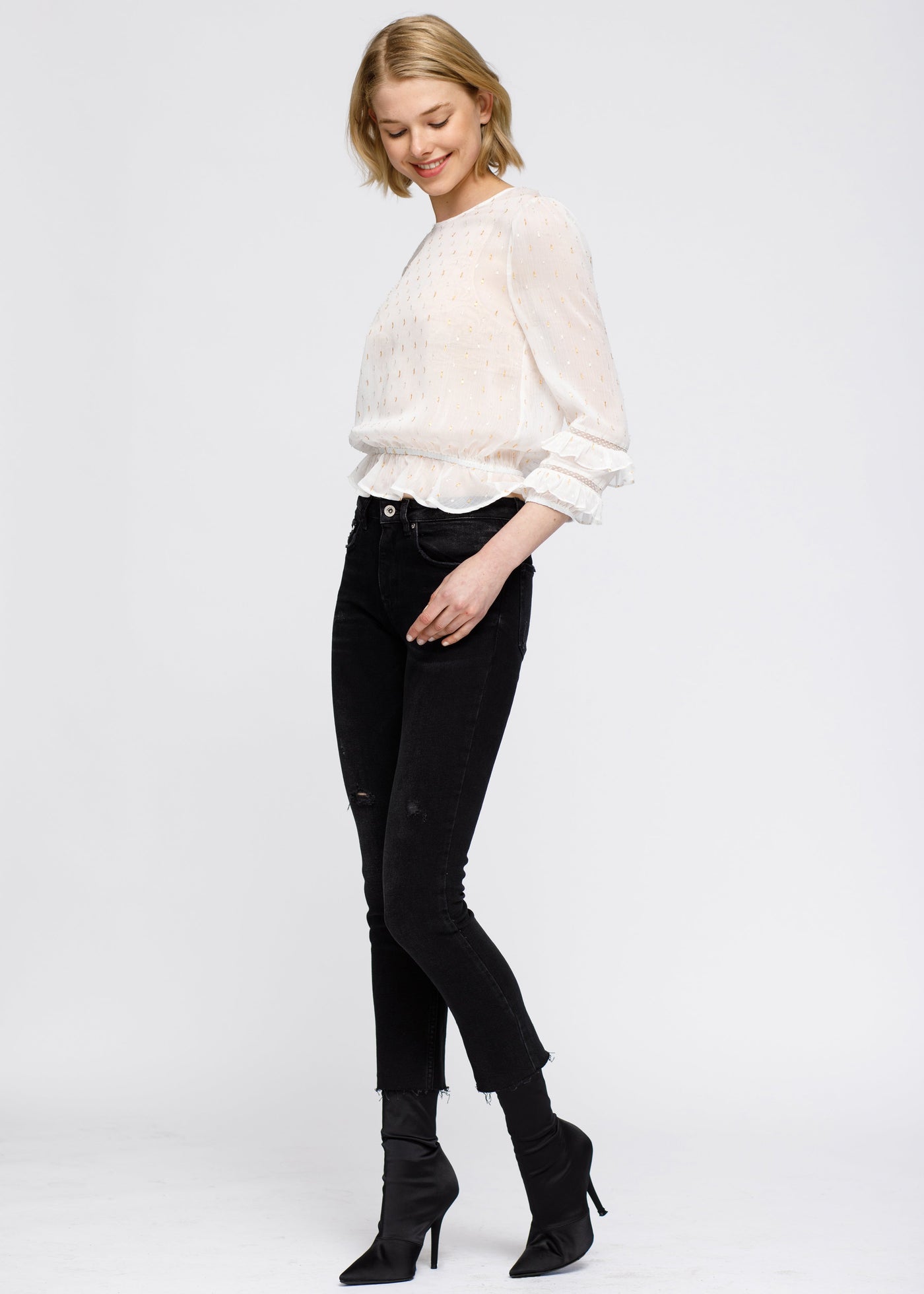 Lace Inset Ruffle Blouse In White by Shop at Konus