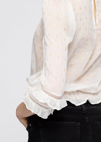 Lace Inset Ruffle Blouse In White by Shop at Konus