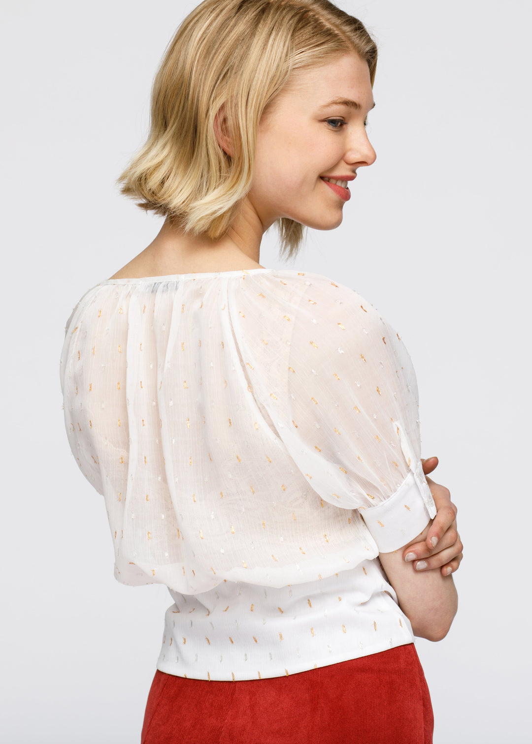 Sheer Puff Shoulder Crop Top Blouse In White by Shop at Konus